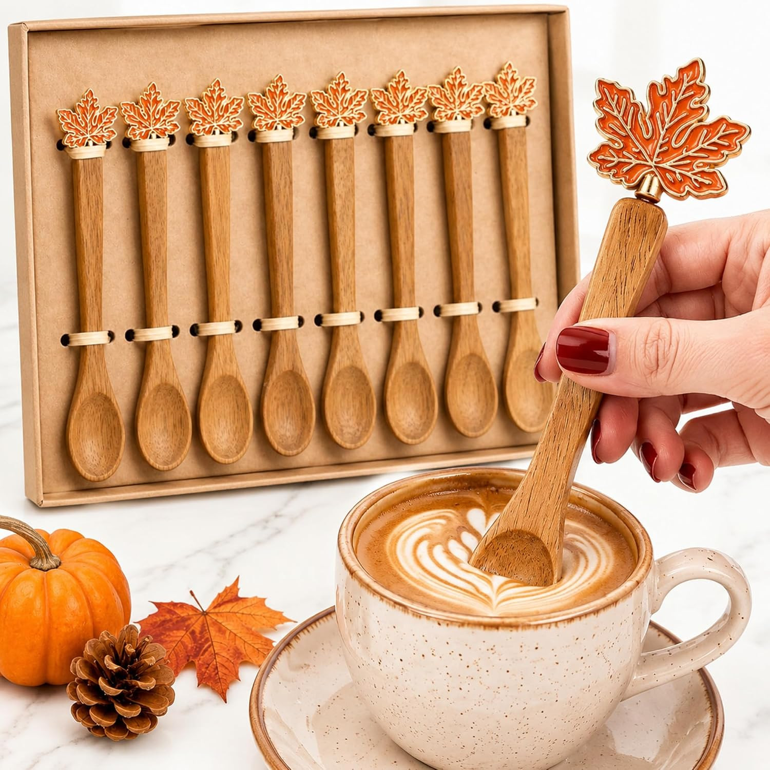 8 Pcs Fall Leaf Spoons 5'' Autumn Wodeen Spoons for Coffee Bar | Amazon (US)