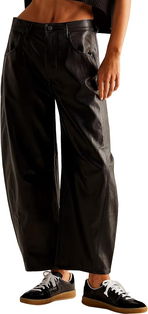 Women Faux Leather Pants Low Rise Baggy Barrel Jeans Wide Leg Trousers with Pockets Brown at Amaz... | Amazon (US)