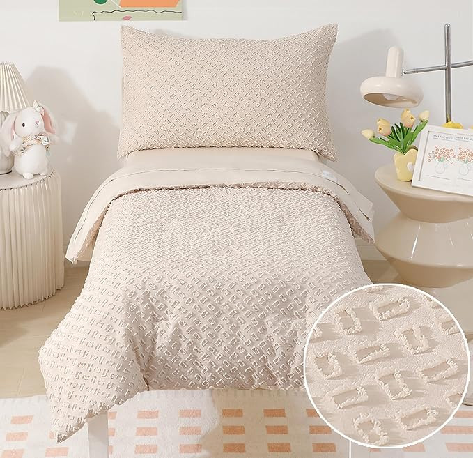 4 Piece Boho Toddler Bedding Sets for Boys Girls Beige Crib Bed Sheets Set Soft Jacquard Tufted G... | Amazon (US)