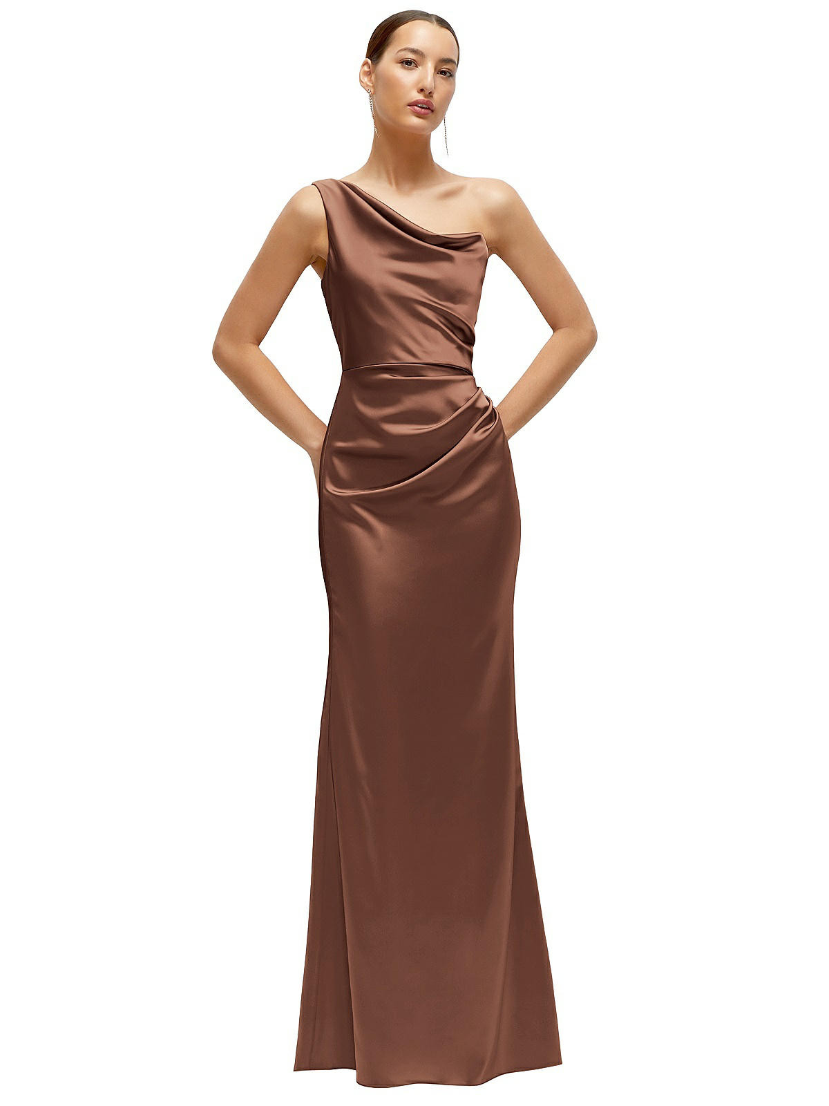 One-Shoulder Cat-Eye Neckline Fit and Flare Satin Maxi Dress in Cognac | Dessy Group