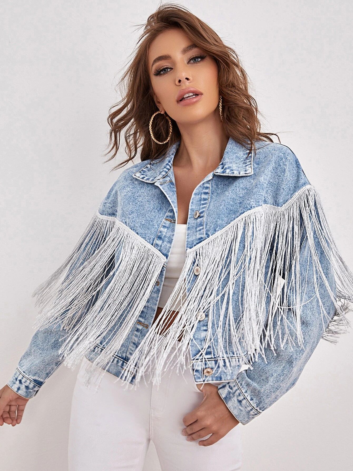 Drop Shoulder Fringe Trim Denim Jacket | SHEIN