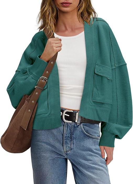 Panadila Womens Cropped Jackets Oversized Cardigans Long Sleeve Open Front Sweatshirt Cardigan Fa... | Amazon (US)