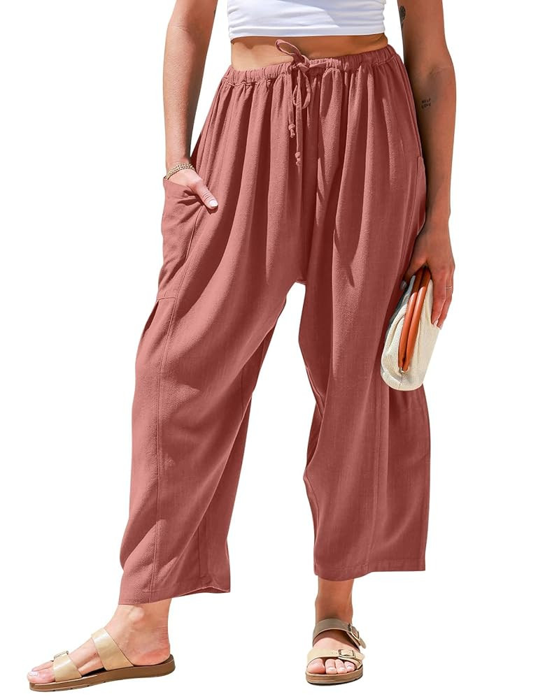 TARSE Womens Linen Wide Leg Pants Casual Loose Drawstring Summer Beach Travel Vacation Palazzo Ha... | Amazon (US)