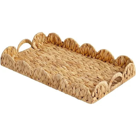 Handmade Wicker Scalloped Edge Serving Tray, Rectangle Tray with Built-in Handles, Hand-Woven Scalloped Rattan Tray, Wicker Trays for Décor, Natural Water Hyacinth | Walmart (US)