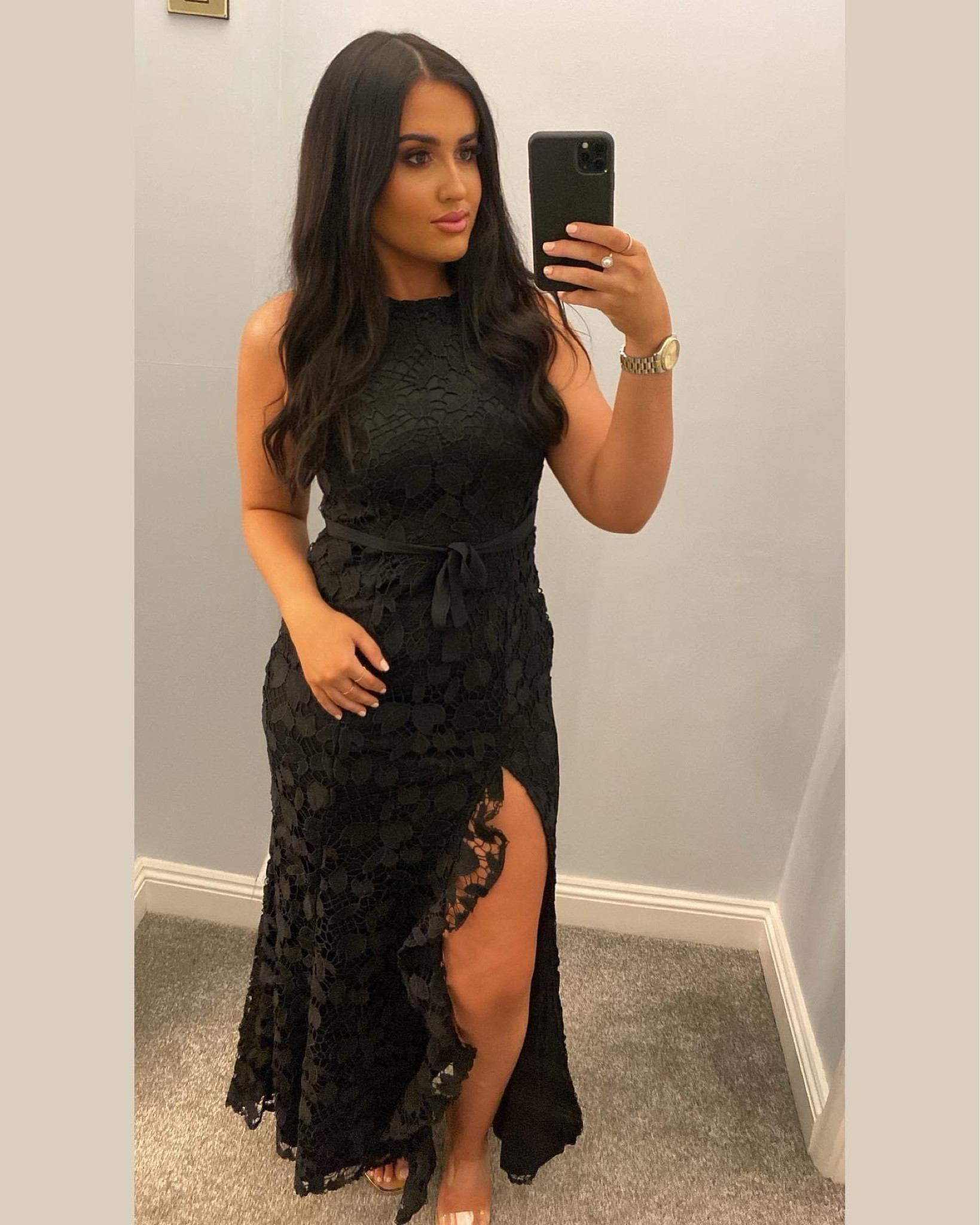 long black dress with lace sleeves self-portrait - Black Rhinestone Lace Maxi Dress main image 0
