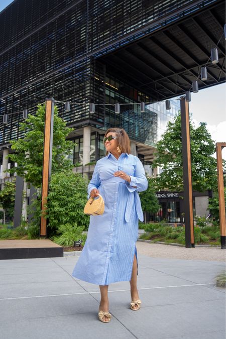 The prettiest summer stripes!  This beauty fits TTS and it’s incredibly versatile! Style the look with a raffia tote and with raffia earrings to complete this stylish summer look! This gorgeous dress fits TTS! 💙💙💙 #tuckernucking #tuckernuckpartner #ad
