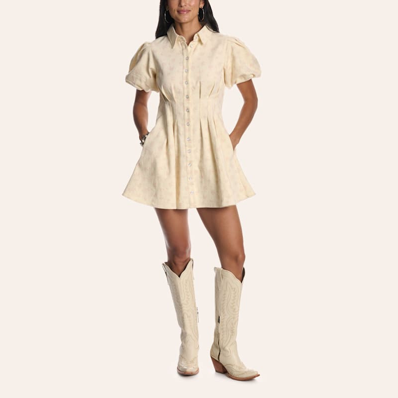 Rockin' C Women's Cream Floral Print Puff Sleeve Pearl Snap Shirt Dress | Cavender's