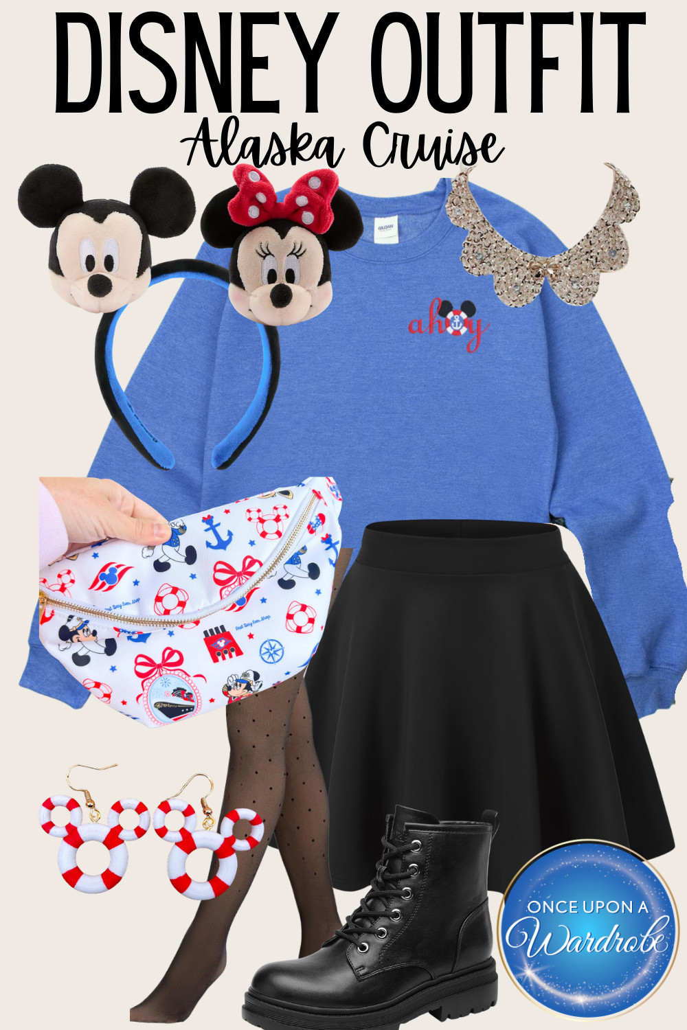 Alaska days are no joke, so this Disney Alaska cruise outfit was all about layers and comfort. I wore this blue “ahoy” sweatshirt with a black skirt, sheer tights, and combat boots for glacier viewing and chilly mornings on deck. The Mickey and Minnie ears and nautical belt bag keep it fun, but everything is warm enough for real Alaska weather. If you’re planning a Disney Cruise to Alaska and want outfit ideas that feel cute but still practical, this is exactly the kind of look I packed. And if choosing outfits stresses you out, that’s literally what we do at Once Upon a Wardrobe. 💙❄️🚢 

 #LTKmomlife #LTKTravel