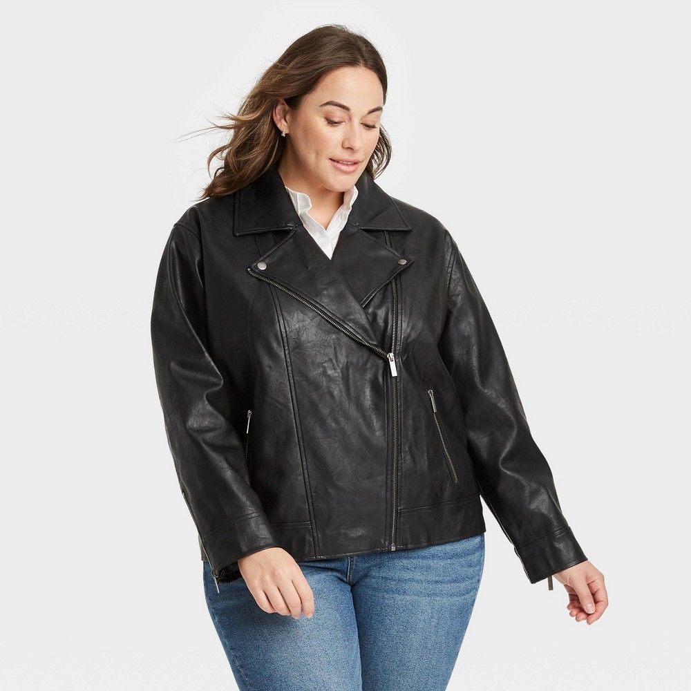 Women's Plus Size Faux Leather Moto Jacket - Ava & Viv Black 4X | Target