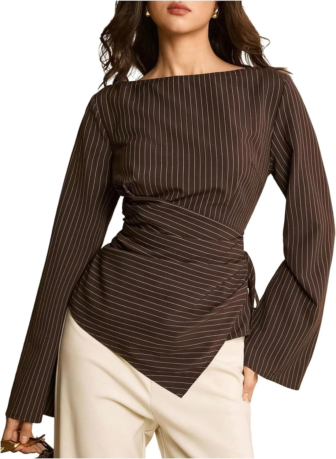SOLY HUX Women's Striped Blouse Boat Neck Long Sleeve Wrap Tie Side Shirts | Amazon (US)