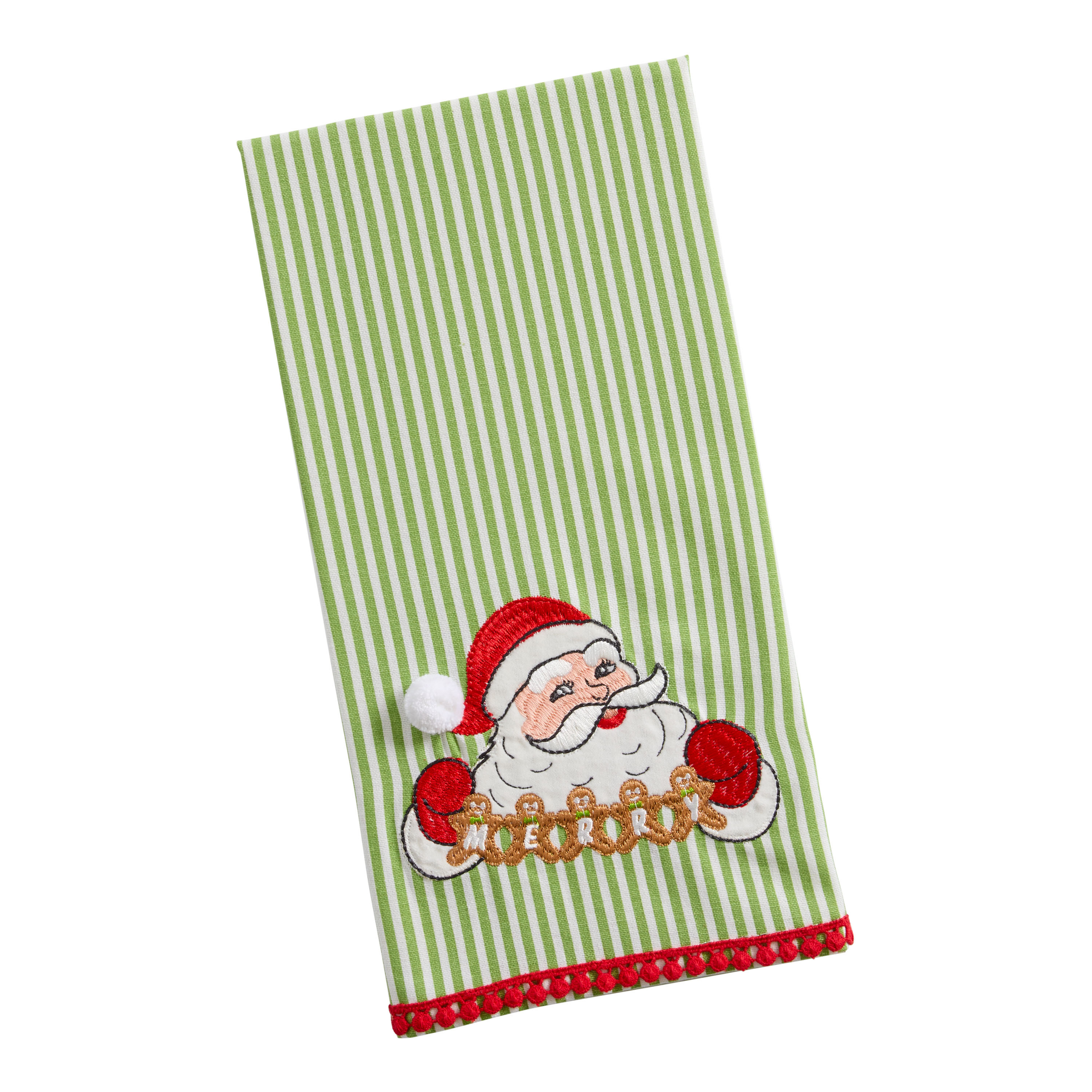 Green Vintage Stripe Santa Claus Embroidered Kitchen Towel | World Market