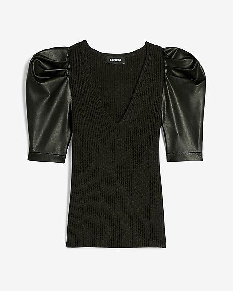 Vegan Leather Puff Sleeve Ribbed Sweater | Express