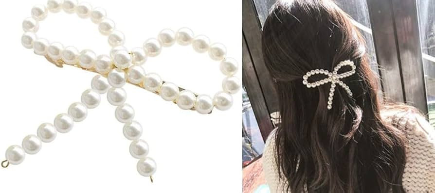 1Pc White Elegant and Sweet Pearl Bow Duckbill Clip,Ladies Pearl Side Clip Bangs Hair Clip,Weddin... | Amazon (US)