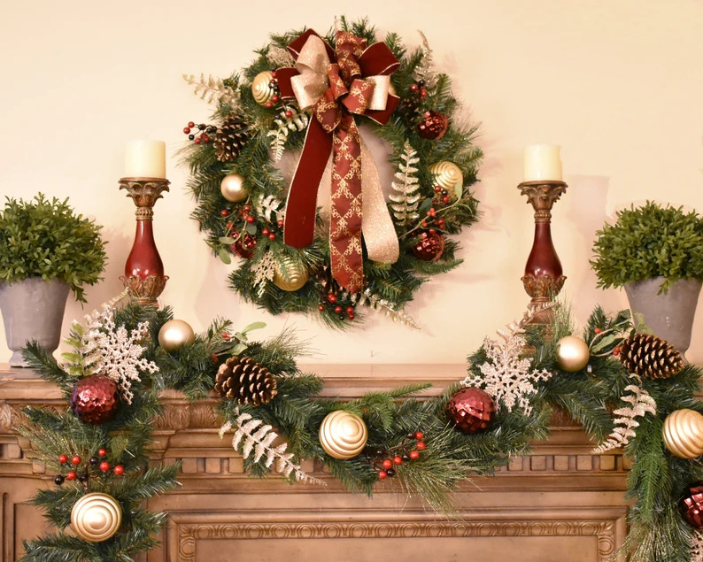 Designer Burgund and Gold Christmas Wreath With Faux Pine - Etsy | Etsy (US)