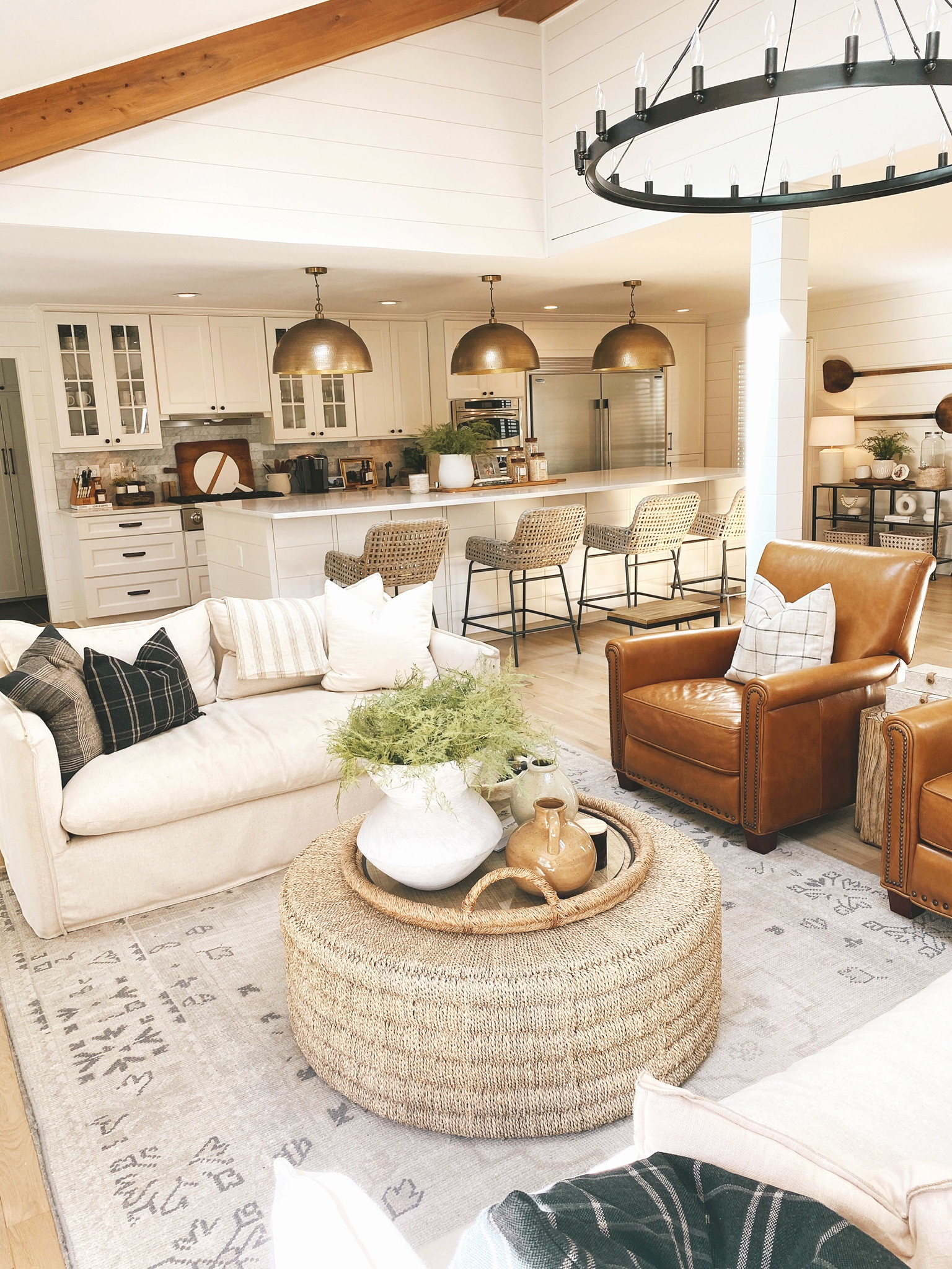 Living room design, living room inspo, open concept living, pottery barn rug, pottery barn Memorial Day sale, round coffee table 

#LTKsalealert #LTKhome #LTKstyletip