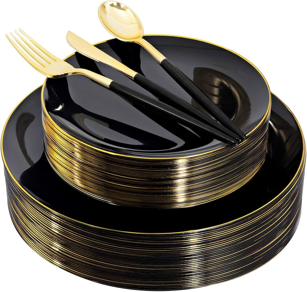 150pcs Black Plastic Plates, Black and Gold Plastic Plates,Gold Plastic Silverware,Black and Gold... | Amazon (US)
