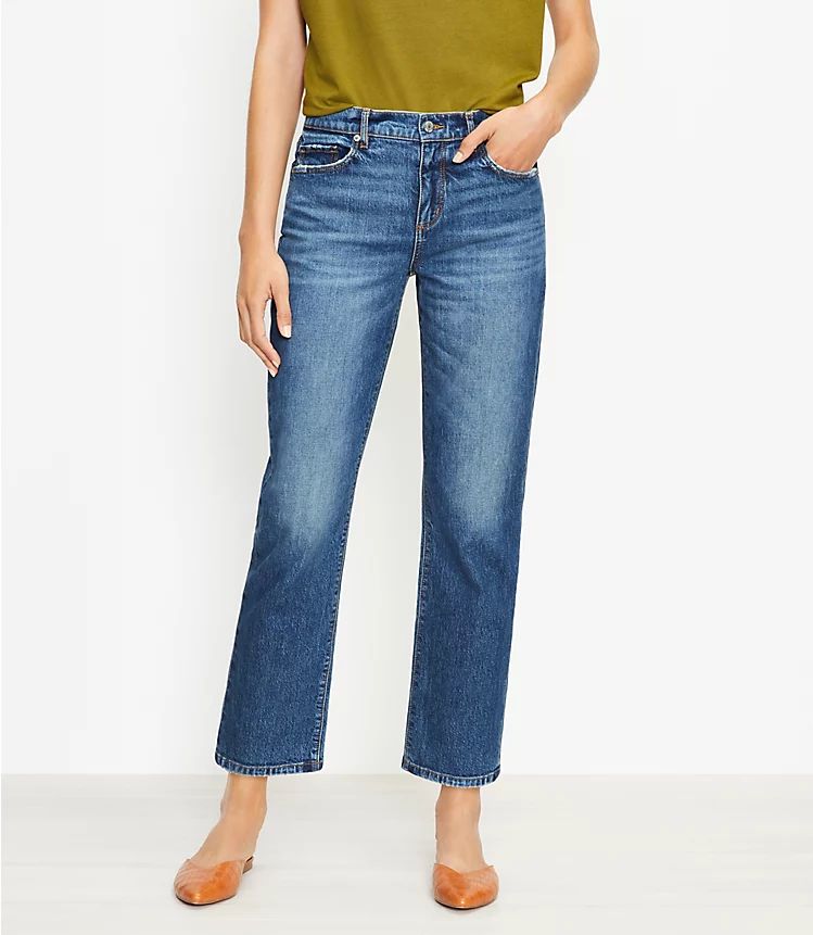 Mid Rise Straight Crop Jeans in Staple Mid Indigo Wash | LOFT