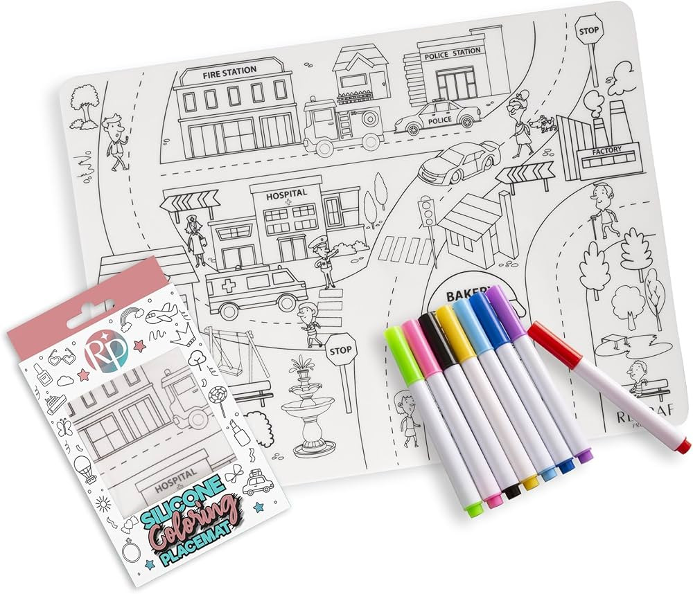 Silicone Coloring Placemat- Washable Drawing Mat for Kids- Learning Coloring Mat- 8 Markers Inclu... | Amazon (US)