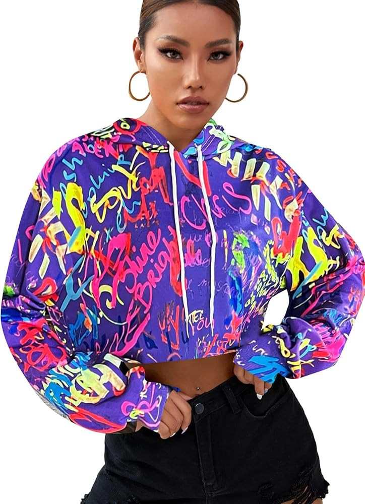 OYOANGLE Women's Crop Hoodie Long Sleeve Fashion Graffiti Print Hooded Sweatshirt Pullover Top | Amazon (US)