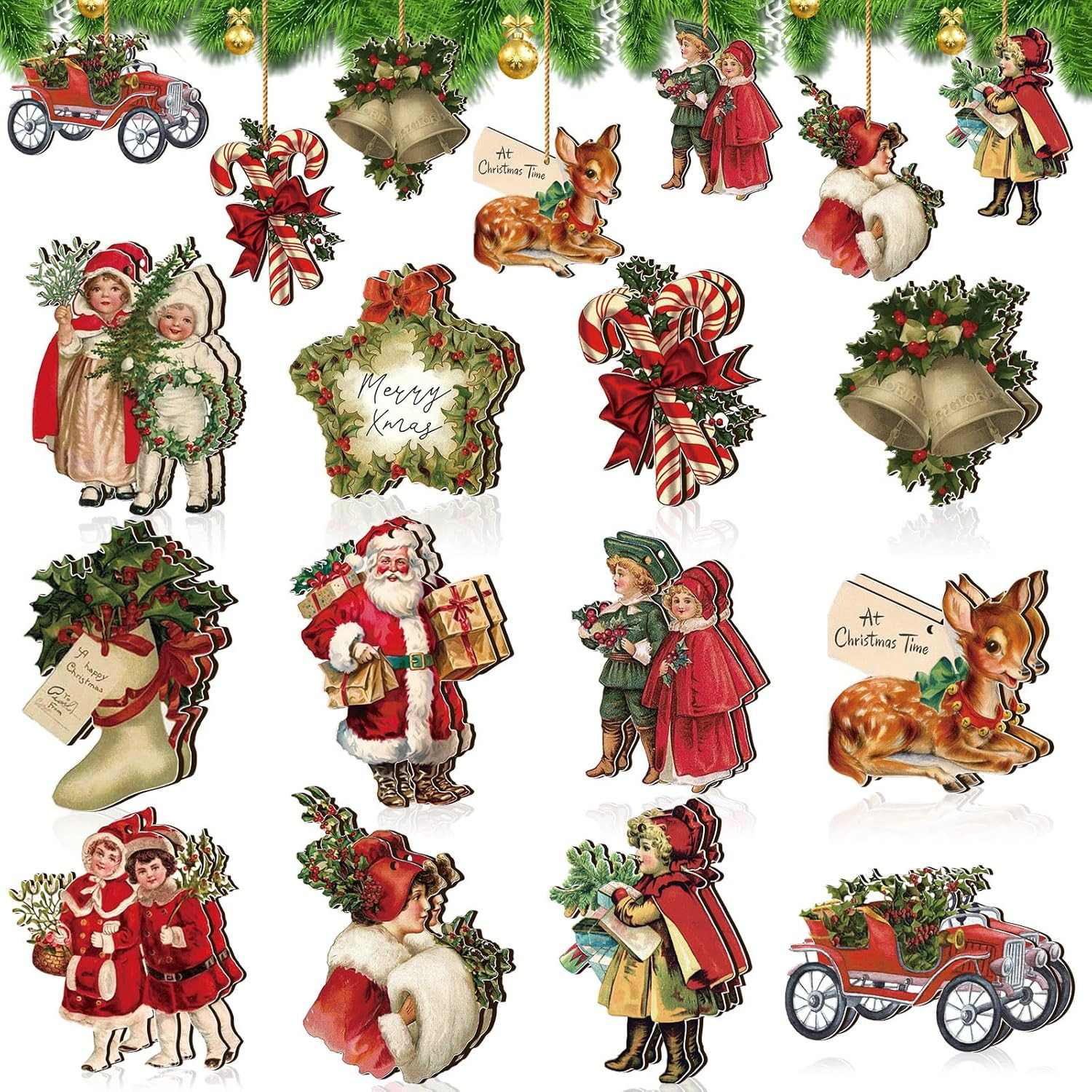 Geelin 24 Pcs Vintage Christmas Ornaments Wooden Victorian Christmas Decorations for Tree Santa C... | Amazon (US)
