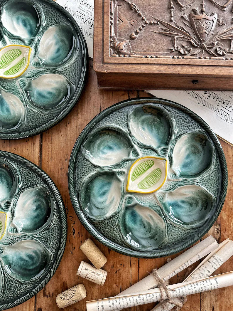 Saint Clement Vintage Majolica Oyster Plates In Blues & Greens | Etsy (US)