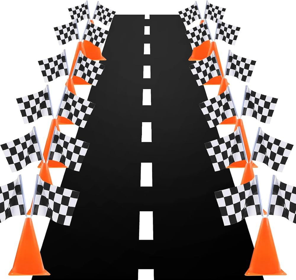 7inch Orange Racing Traffic Cones With Holes on Top,Checkered Flags,Racetrack Floor Runner,Race C... | Amazon (US)