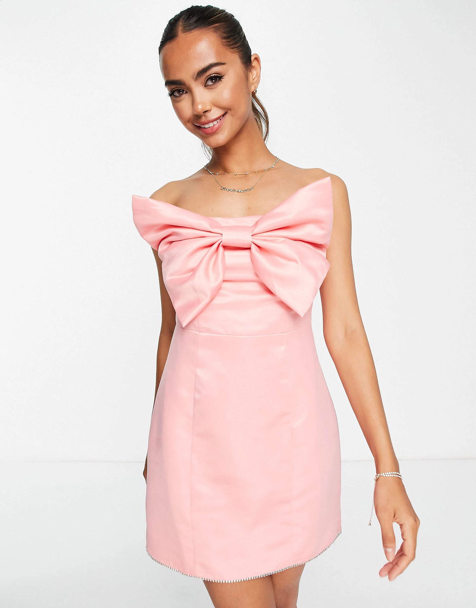 Band Of Stars premium satin bow front mini dress with embellished trim in pink | ASOS (Global)