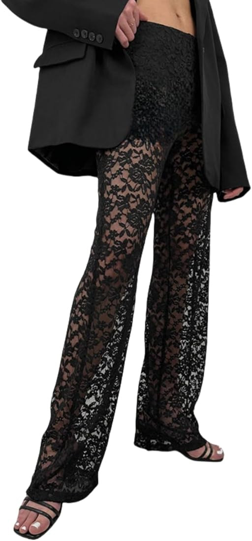 Women Rave Mesh Sheer Pants Flared Bell Bottom Pants for Dance Festival Clubwear | Amazon (US)