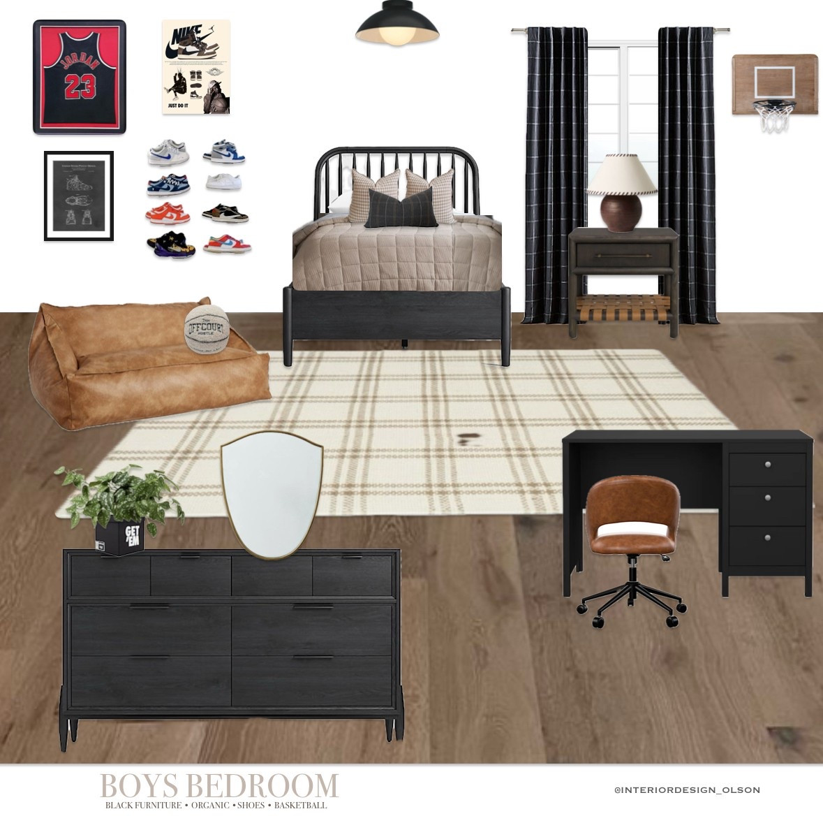 Boys’ Bedroom Design – Black, Organic + Basketball 🏀🖤
Designed with personality and function in mind, this boys’ room combines modern black furniture with warm, organic textures and sporty touches. The sneaker wall and Jordan jersey bring in his love for basketball, while the plaid rug, leather beanbag, and wood tones keep the space grounded and cozy.

Perfect for growing kids—stylish, practical, and full of character. Everything is linked to help you recreate the look!

#BoysRoomDecor #KidsRoomInspo #LTKKids #BasketballBedroom #ModernBoysRoom #LTKHome #SneakerheadRoom #BlackFurniture #NeutralKidsRoom #InteriorDesign #TeenRoom