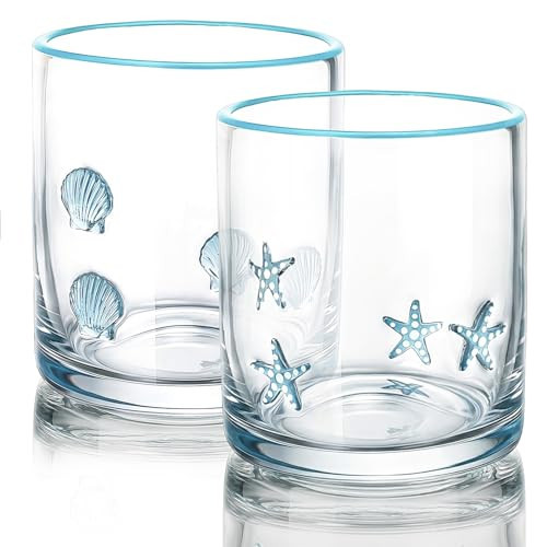 Ovveroche 2 Pcs Ocean Icon Juice Glass, 14 oz Seashell Starfish Stemless Wine Glass, Double Old Fashioned Icon Cocktail Drinking Cups for Summer Coastal Beach Home Party Supplies | Amazon (US)