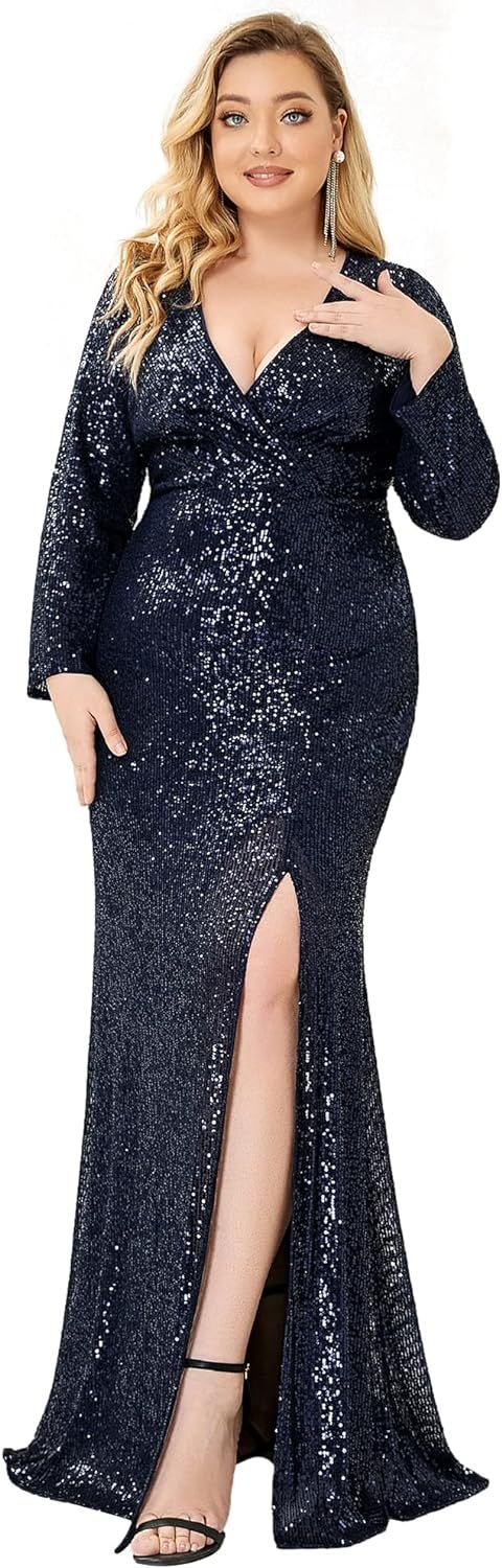 Ever-Pretty Women's Long Sleeve Plus Size Sequin Gowns Side Split Evening Dress 0824 | Amazon (US)