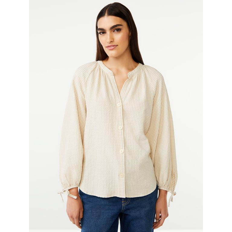 Free Assembly Women's Gathered Sleeve Button Down Top - Walmart.com | Walmart (US)