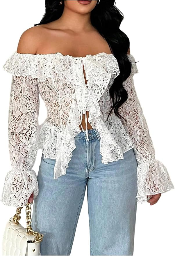 Floerns Women's Off The Shoulder Tie Front Lace Blouse Tops Ruffle Slit Hem Going Out Tops | Amazon (US)