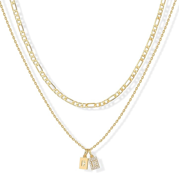 PAVOI 14K Gold Plated Initial Letter Double Dog Tag Pendant Necklace | Dainty Cubic Zirconia Lett... | Amazon (US)