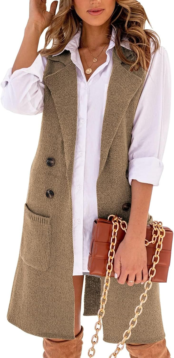 Women Open Front Lapel Collar Cardigan Vest Button Down Long Sweaters Cardigan Solid Outerwear Coats | Amazon (US)