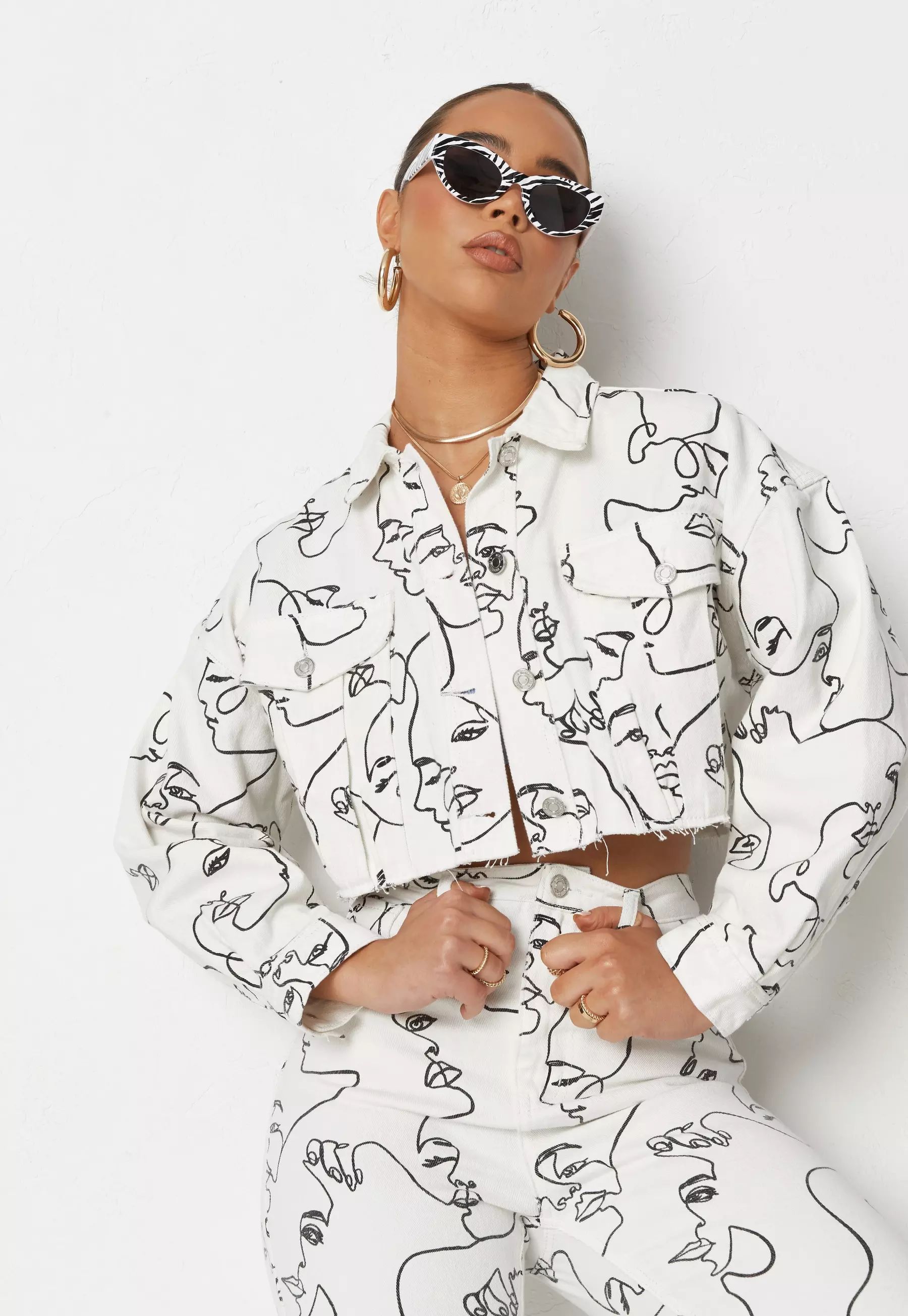 White Co Ord Face Print Cropped Raw Hem Denim Jacket | Missguided (US & CA)