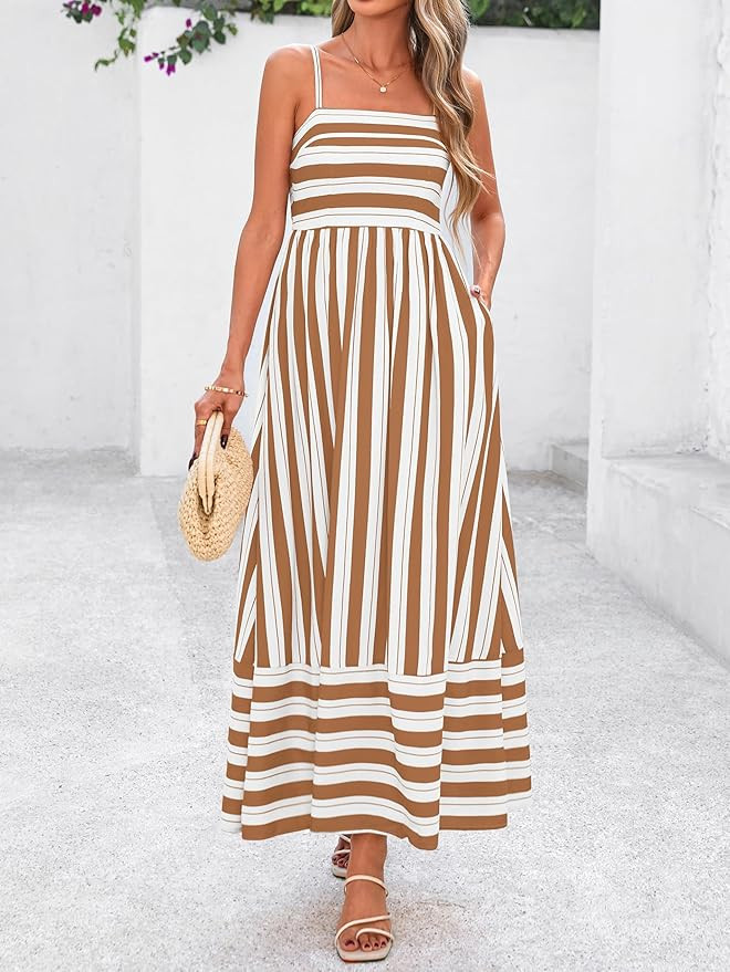 PRETTYGARDEN Women Summer Maxi Dresses 2026 Spaghetti Strap Boho Floral Striped Wedding Guest Bea... | Amazon (US)