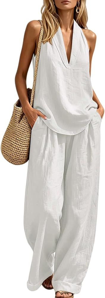 Womens Boho Linen 2 Piece Sets Summer Sleeveless Halter V Neck Tank Top Wide Leg Pants Matching L... | Amazon (US)