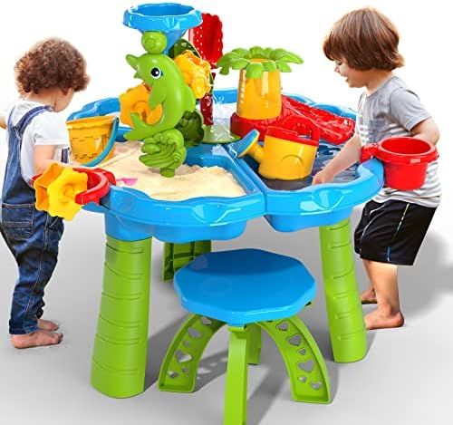 TEMI 3-in-1 Sand Water Table, 28PCS Kids Beach Summer Toys Sandbox Table Outdoor Activity Sensory Pl | Amazon (US)