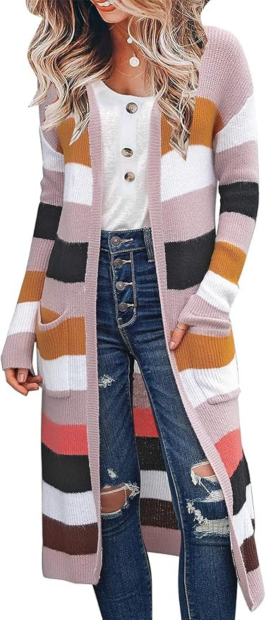 luvamia Women Colorblock Striped Long Cardigans Casual Lightweight Sweater Cardigan Outwear | Amazon (US)