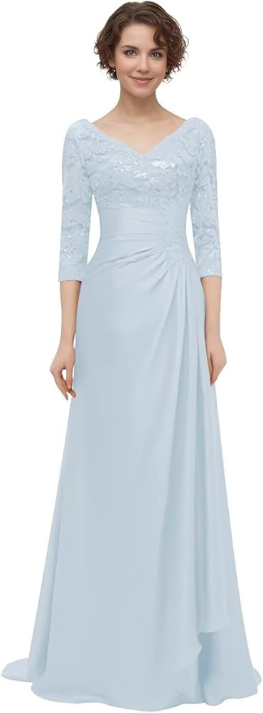V-Neck Lace Appliques Mother of The Bride Dresses A-Line Three Fourth Sleeve Formal Evening Party... | Amazon (US)