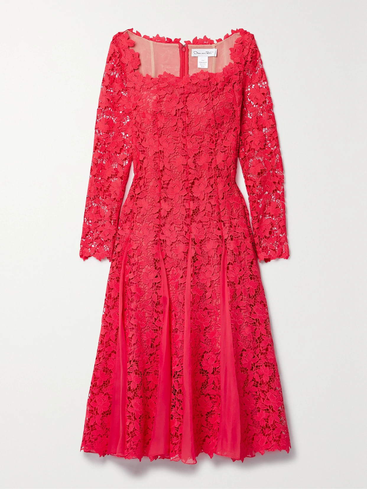 Oscar de la Renta - Silk-chiffon Trimmed Guipure Lace Midi Dress - Red | NET-A-PORTER (US)