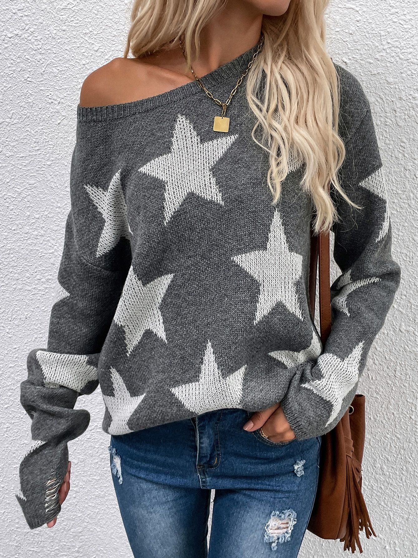 Star Pattern Ripped Drop Shoulder Sweater | SHEIN