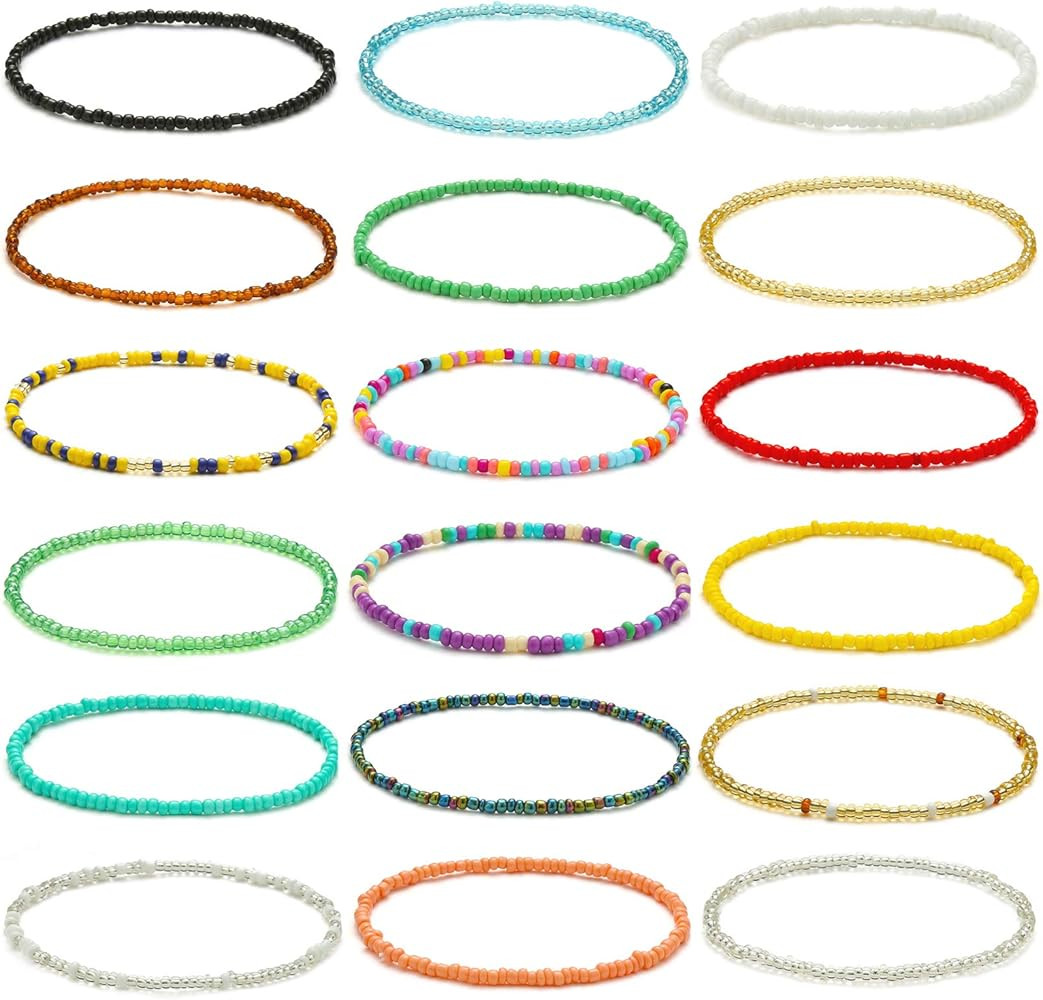 XIJIN 18 Pieces Elastic Beaded Anklets for Women Handmade Beach Boho Colorful Beads Ankle Bracele... | Amazon (US)