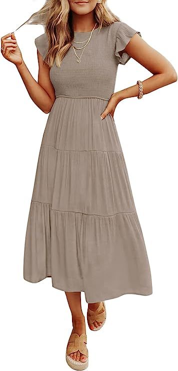 ZESICA Women's Summer Casual Flutter Short Sleeve Crew Neck Smocked Elastic Waist Tiered Midi Dre... | Amazon (US)