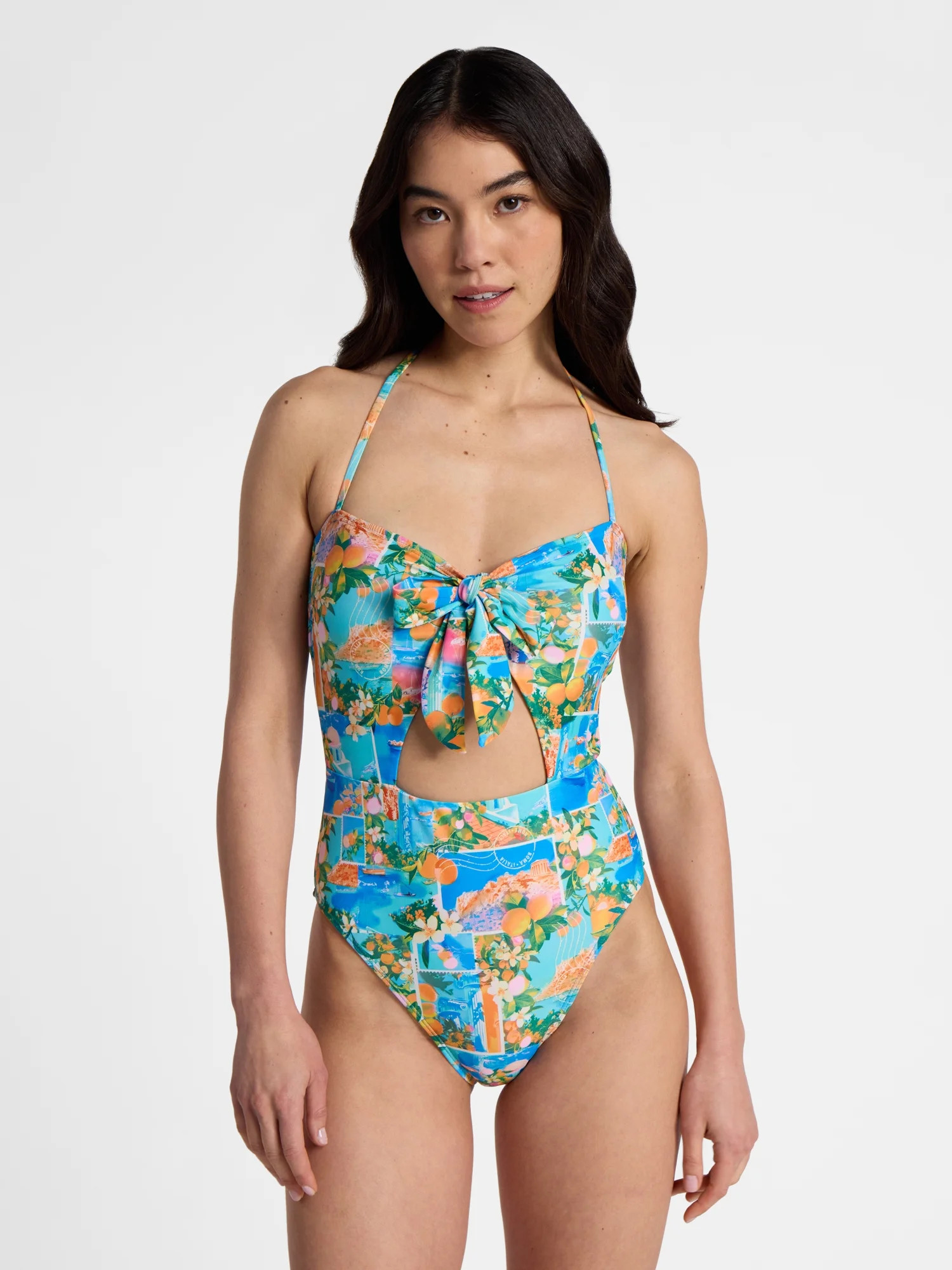 No Boundaries Postcard Printed Cutout One-Piece Swimsuit, Women’s | Walmart (US)