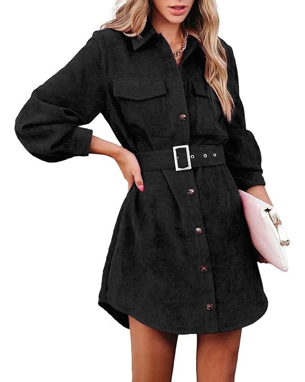 ARTFREE Women's Corduroy Dress Button Down Long Sleeve Mini Dress Lapel Belted Fall Casual Jacket... | Amazon (US)