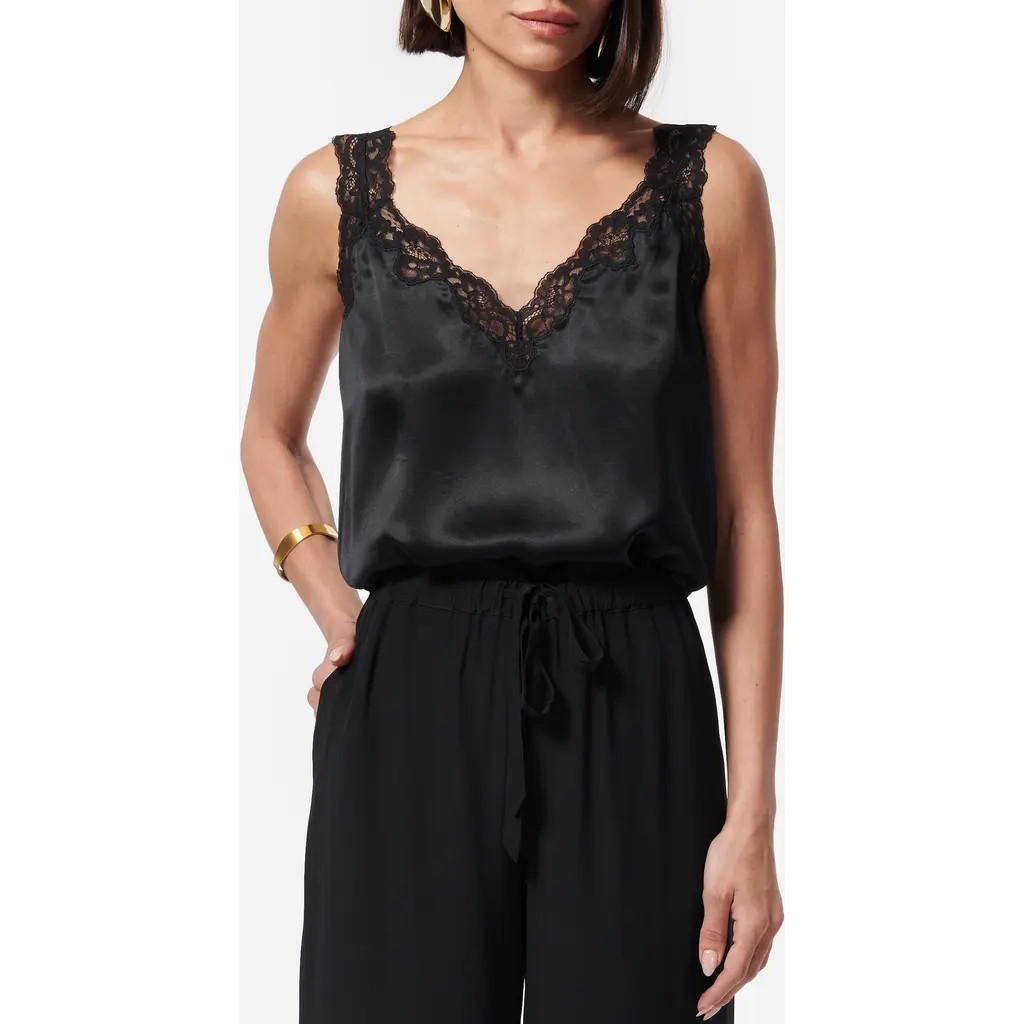 CAMI NYC Fernanda Lace Trim Silk Charmeuse Tank in Black at Nordstrom, Size Small | Nordstrom