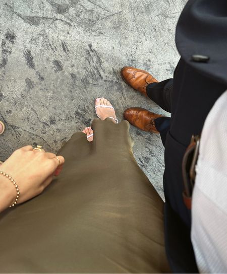 Miranda Frye bracelet / gold bracelet / wedding guest dress / green silk dress / thin strappy heels 

#LTKshoecrush #LTKwedding #LTKsalealert