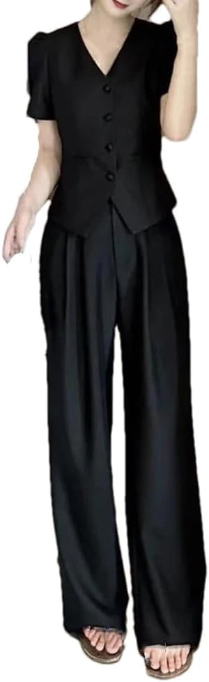 Women Fashion Summer Short Loose Coat + Straight Pants Two-Piece Set | Amazon (US)